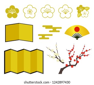 Plum blossoms, plum tree, folding screen icon set