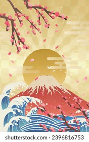 Plum blossoms, waves, Mt. Fuji and sunrise