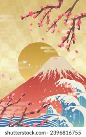 Plum blossoms, waves, Mt. Fuji and sunrise