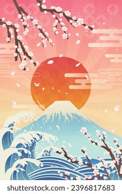 Plum blossoms, waves, Mt. Fuji and sunrise