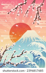 Flores de ciruela, olas, monte Fuji y amanecer
