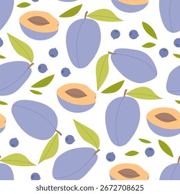 Ameixa e mirtilo Padrão sem emenda. Fundo de fruta. Ameixas inteiras maduras com folhas verdes. Ilustração vetorial para impressão, papel de parede, têxtil, impressão, produto ecológico 