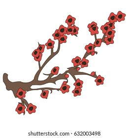 Plum branch during flowering on a white background