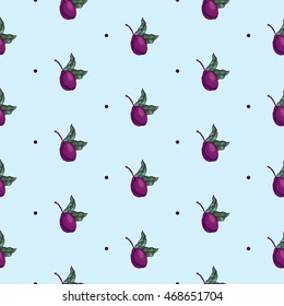 Plum branch with fruit vector seamless pattern