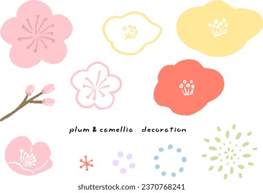 Plum and camellia, abstract pattern, new year decoration, textured hand drawn illustration set
