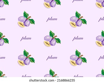 Plum cartoon character seamless pattern on purple background. Pixel style