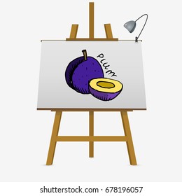 Plum cartoon on easel. Hand drawn vector stock illustration