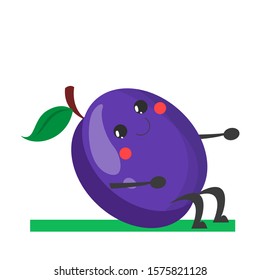 Plum character doing crunches vector isolated. Cute happy fruit and healthy lifestyle. Fitness in the gym.