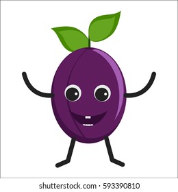 Plum character. Funny doodle cartoon fruit. Isolated on white background. Flat vector stock illustration