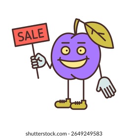 Plum character half turn holding sign with inscription sale and smiling. Vector Illustration