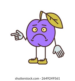Plum character half turn points finger and dissatisfied. Vector Illustration