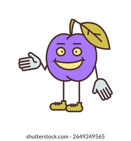 Plum character half turn points hand and smiling. Vector Illustration