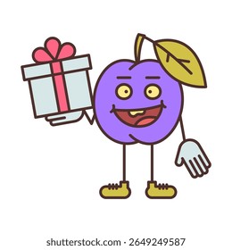 Plum character holding gift box and smiling. Vector Illustration
