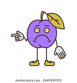 Plum character points finger and dissatisfied. Vector Illustration