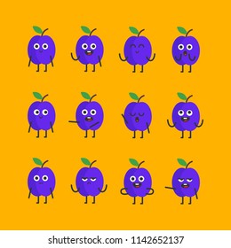 Plum character set different options and emotions. Vector Illustration.