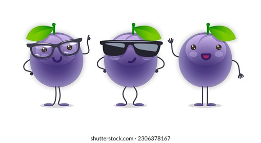 Plum Character with Various Face Expressions. Vector illustration set of funny and cute cartoon fruits isolated on white background. Mascot collection.