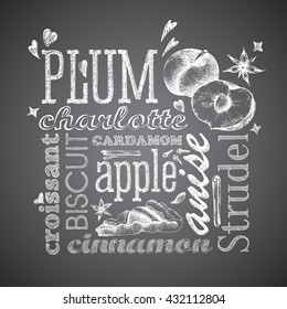 Plum charlotte pie with spice, plum strudel. Whole plum and cut. Letter design hand drawn vector isolated for bakery shop, confectionery with different words and elements on a black background.
