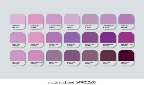 Plum Color Palette, Plum Color Guide Palette with Color Names. Catalog Samples of Purple with RGB HEX codes and Names. Indigo Colors Palette Vector, Fashion Trend Plum Color Palette Vector, Plum tones