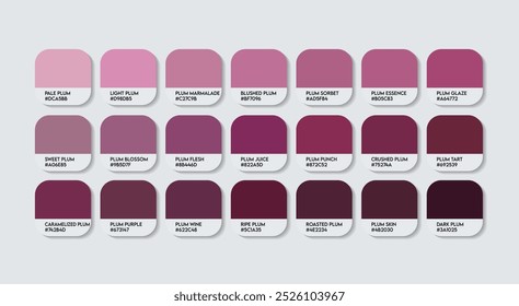 Plum Color Palette, Plums Color Guide Palette with Color Names. Catalog Samples of purple with RGB HEX codes. paint, natural grapes purple variations, Fashion Trend Plum color tones, grape shades