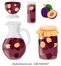 Plum compote in a glass decanter, glass, jar. Drinking from homemade fruits. Homemade jam or jelly in a glass bowl. The concept of healthy eating. Vector illustration in a flat style.