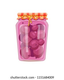 Plum compote home cooked conservation vector illustration. Fruit preservation in glass jar decorated with granny rustic textile and tied with bow.