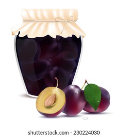 Plum compote in a jar and fresh plums - isolated on white background. Vector illustration.