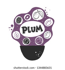 Plum concept. Whole, half, sliced, bitten fruits. Ink hand drawn vector illustration for cafe, menu, shop, bar, restaurant, poster, sticker, logo, detox diet concept, farmers market