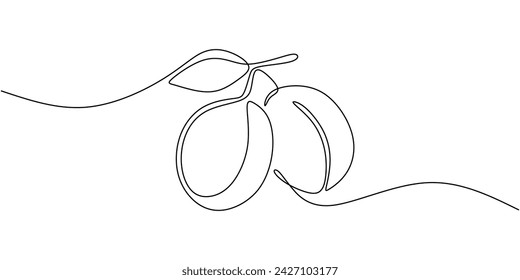 Plum continuous line drawing. Healthy fruit of organic food concept.