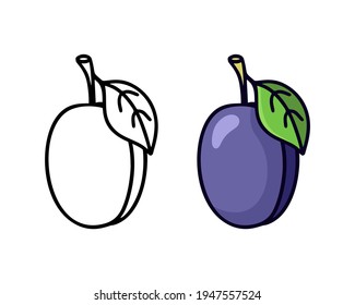 Plum doodle icon. Linear and color version. Black simple illustration of garden fruit with leaf. Contour isolated vector pictogram on white background