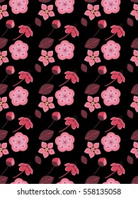 Plum flowers and leaves combined in a seamless pattern for multiple uses