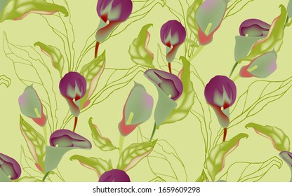 Plum flowers with leaves on a chartreuse green background seamless patern. Vector illustration with large inflorescences of plants.