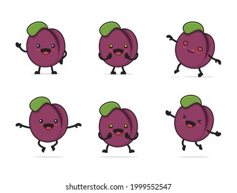 plum fruit cartoon. with different facial expressions and poses isolated on a white background