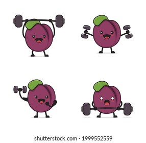 plum fruit cartoon. with exercise equipment, dumbbells, barbells, isolated on a white background.