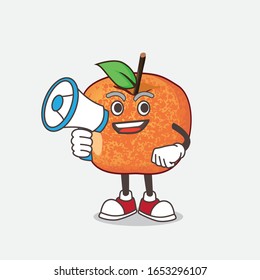 Plum Fruit cartoon mascot character holding a megaphone