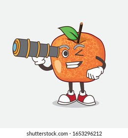 Plum Fruit cartoon mascot character using a monocular