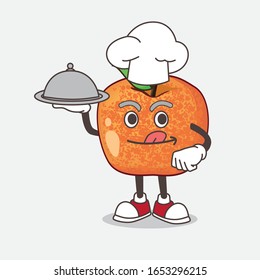 Plum Fruit cartoon mascot character as a Chef with food on tray ready to serve