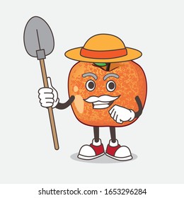 Plum Fruit cartoon mascot character with hat and farmer tools