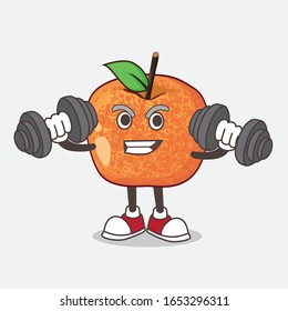 Plum Fruit cartoon mascot character on fitness exercise trying barbells