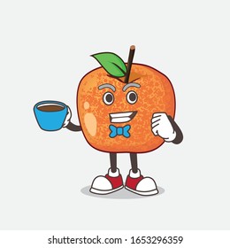 Plum Fruit cartoon mascot character with a cup of coffee