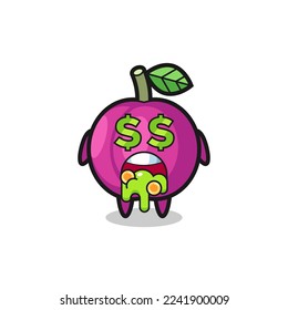 plum fruit character with an expression of crazy about money , cute style design for t shirt, sticker, logo element