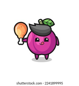 plum fruit cute mascot is eating a fried chicken , cute style design for t shirt, sticker, logo element