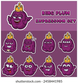 Pflaumenfrucht-Ausdruckssatz. Maskottchen Cartoon Charakter für Geschmack, Sorte, Etikett und Verpackungsprodukt. Vektorillustration