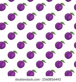 Plum fruit flat seamless pattern on white background. Wrapping paper, gift card, poster, banner design. Home decor, modern textile print. Summer bright geometric fruits patterned.