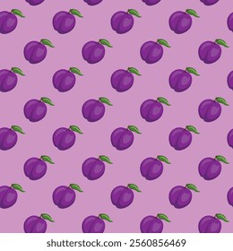 Plum fruit flat seamless pattern on pink background. Wrapping paper, gift card, poster, banner design. Home decor, modern textile print. Summer bright geometric fruits patterned.