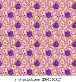 Plum fruit flat seamless pattern on purple background. Wrapping paper, gift card, poster, banner design. Home decor, modern textile print. Summer bright geometric fruits patterned.