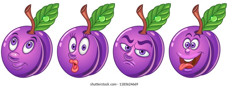 Plum. Fruit Food concept. Emoji Emoticon collection. Cartoon characters for kids coloring book, colouring pages, t-shirt print, icon, logo, label, patch, sticker.