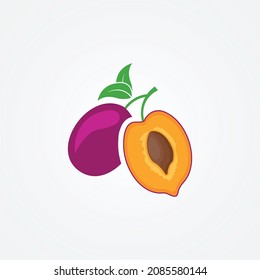 Frutos de ciruela con hojas verdes. ilustración vectorial