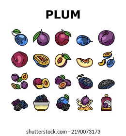 plum fruit green red prune icons set vector. orchard, blur food slice, tree top art, round purple dessert plum fruit green red prune color line illustrations