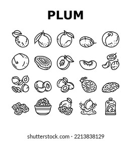 plum fruit green red prune icons set vector. orchard, blur food slice, tree top art, round purple dessert plum fruit green red prune black contour illustrations