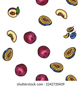 plum fruit green red prune Vector Seamless Pattern Thin Line Illustration